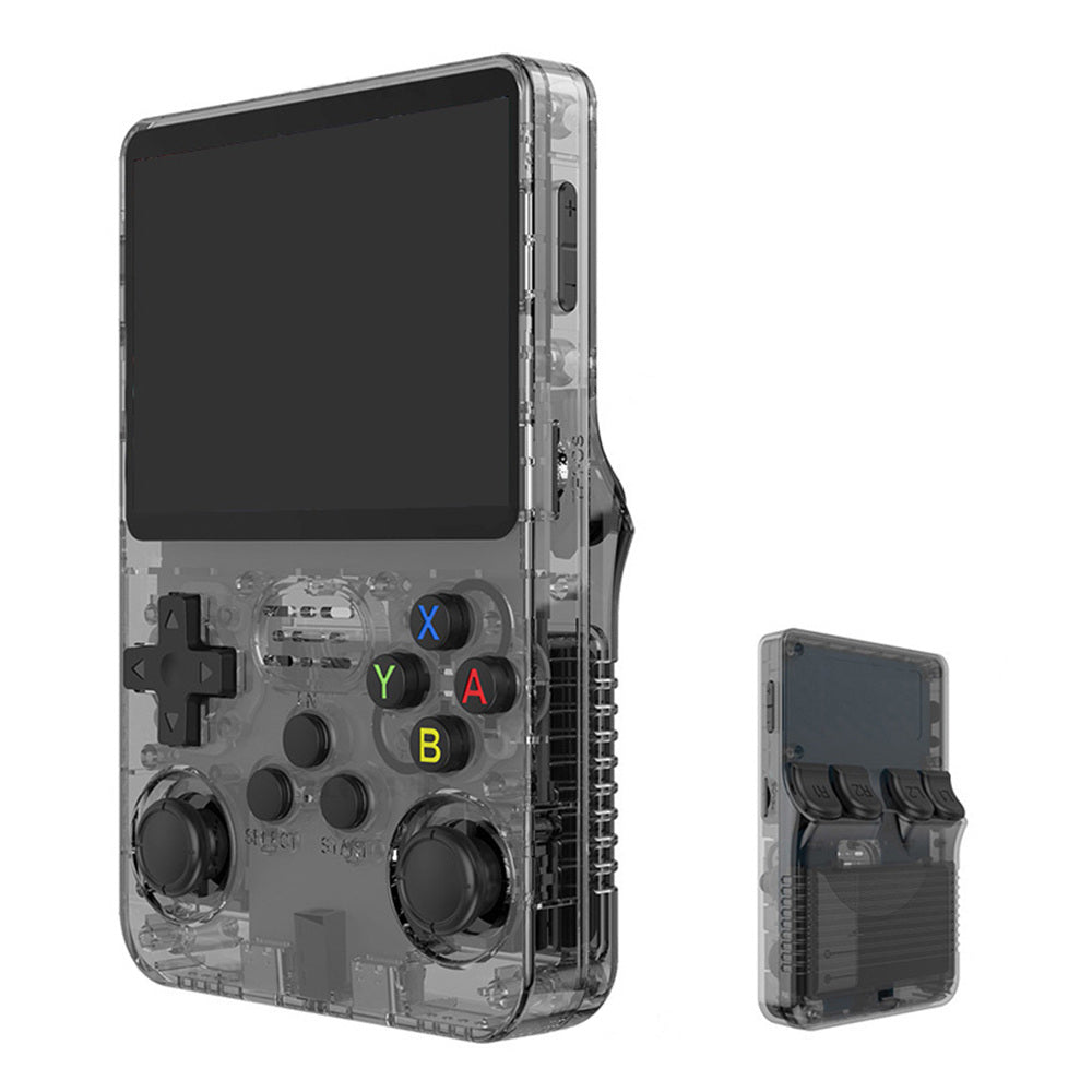 Black R36S retro handheld console in front and rear views