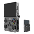 Black R36S retro handheld console in front and rear views