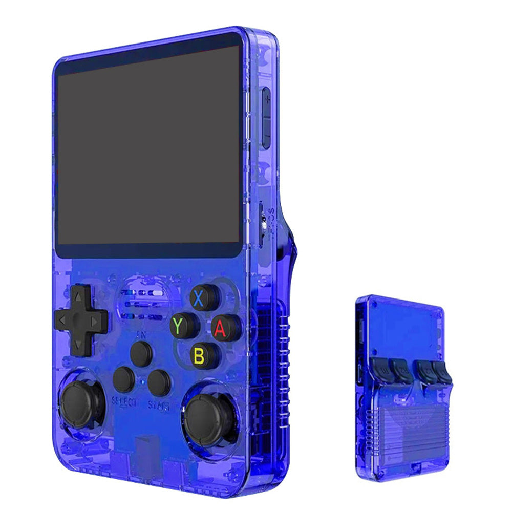 Blue R36S retro handheld console in front and rear views