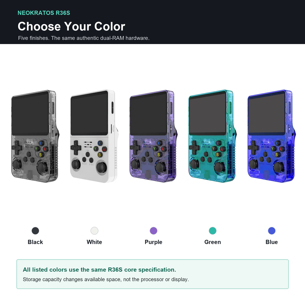 NEOKRATOS R36S color options in black, white, purple, green, and blue