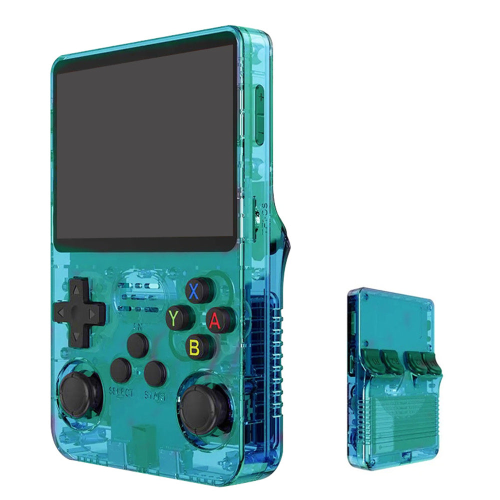 Green R36S retro handheld console in front and rear views