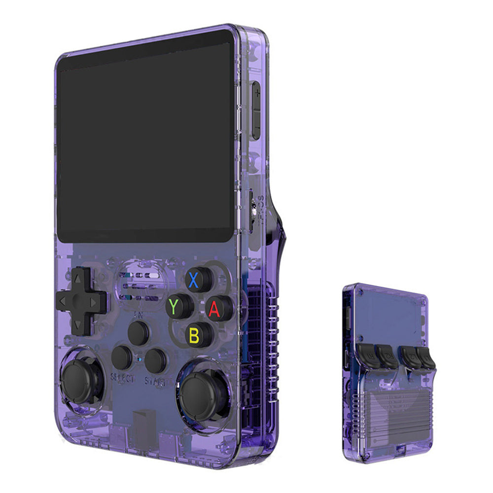 Purple R36S retro handheld console in front and rear views