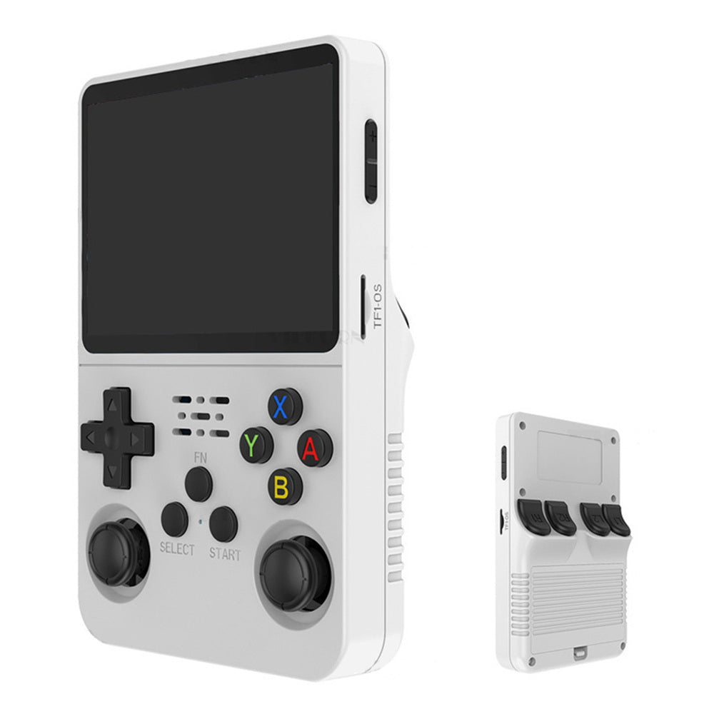 White R36S retro handheld console in front and rear views